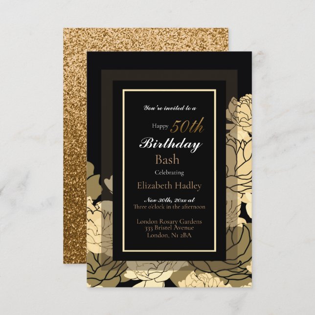 50th birthday gold, yellow & tan rose  card (Front/Back)