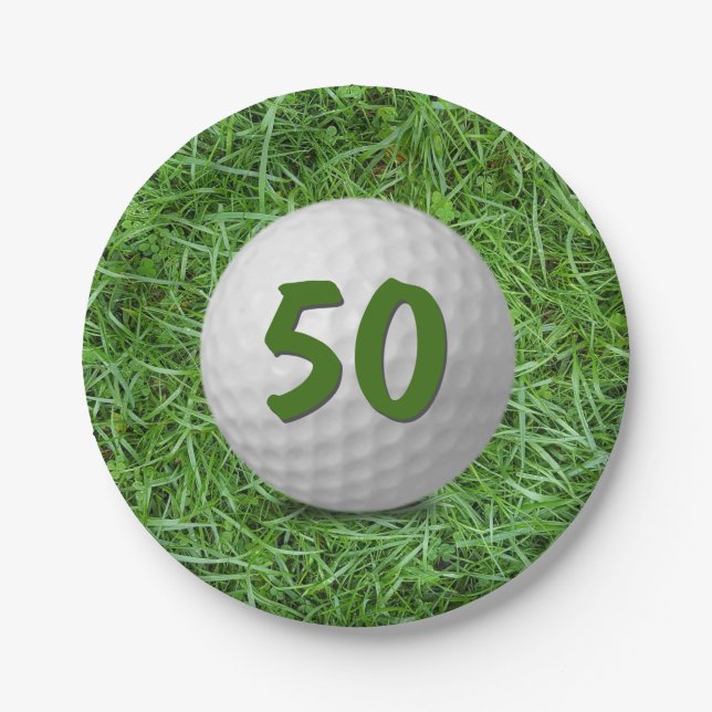50th Birthday Golf Ball on Grass Paper Plate (Front)