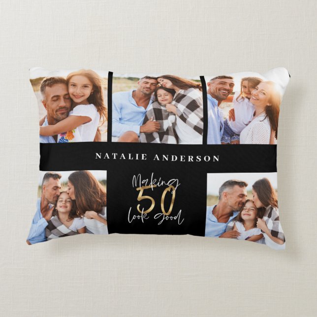 50th birthday good gold black photo collage chic accent pillow (Back)