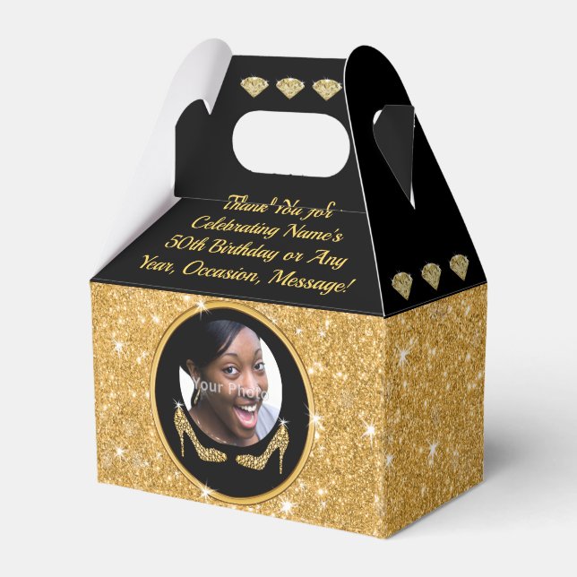 50th Birthday Goodie Bag Ideas, Black and Gold  Favor Box (Front Side)