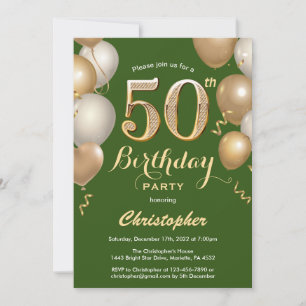 50th Birthday Green and Gold Balloons Confetti Invitation