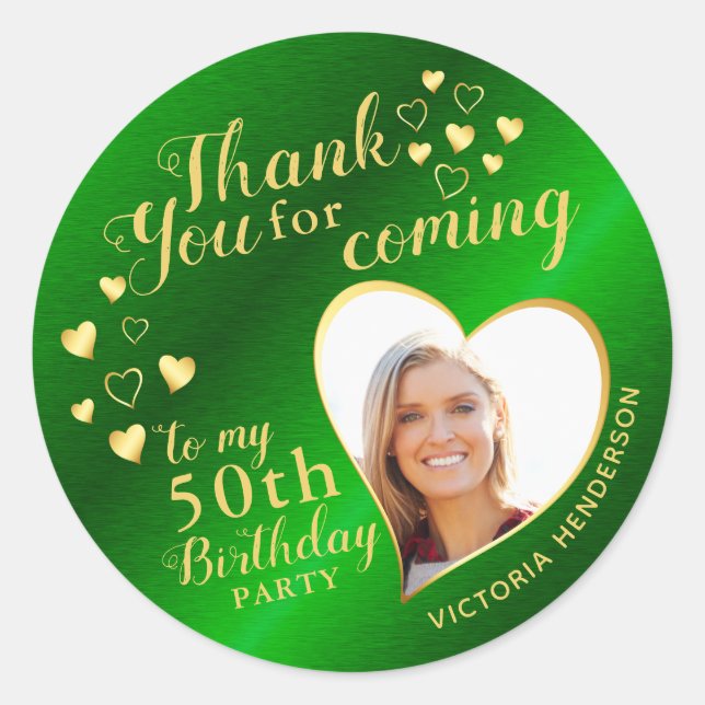 50th Birthday Green and Gold Favour Thank You Classic Round Sticker (Front)