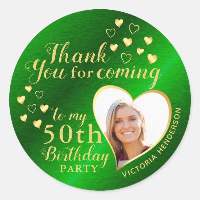 50th Birthday Green and Gold Favour Thank You Classic Round Sticker (Front)