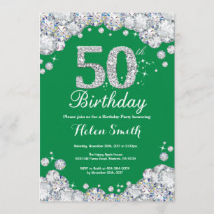 50th Birthday Green and Silver Diamond Invitation