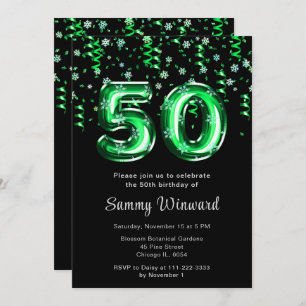 50th Birthday Green Balloons Snowflake Confetti Invitation
