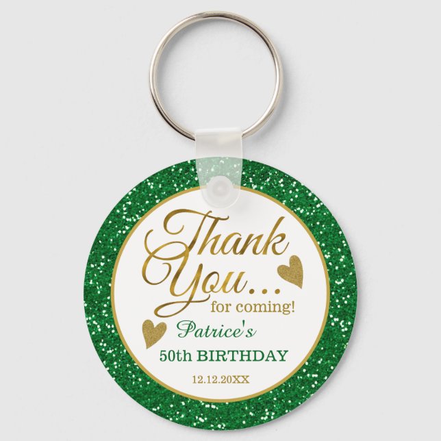 50th Birthday Green Glitter And Gold Thank You Keychain (Front)