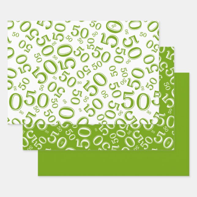 50th Birthday Green & White Random Number Pattern Wrapping Paper Sheet (Set)