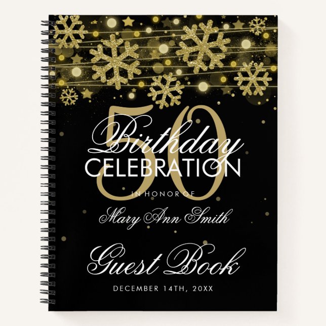 50th Birthday Guestbook Gold Black Winter Notebook (Front)