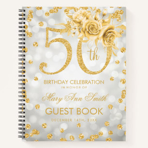50th Birthday Guestbook Gold Glam Lights Silver  Notebook