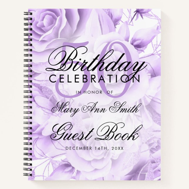 50th Birthday Guestbook Party Floral Purple White  Notebook (Front)
