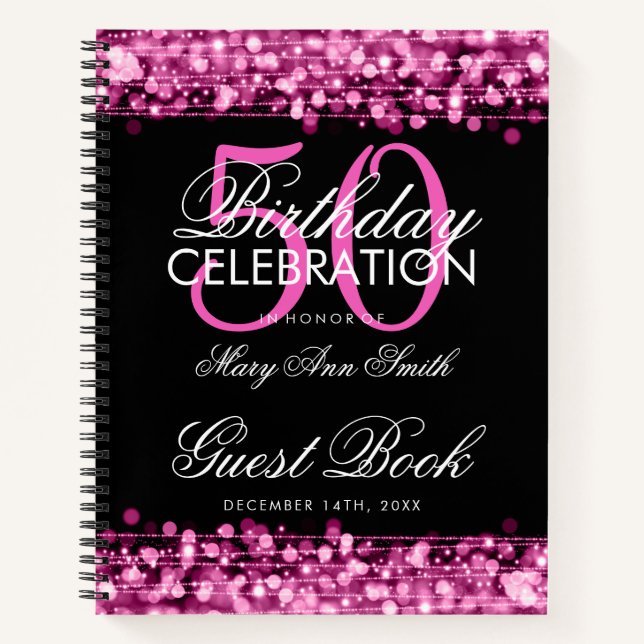 50th Birthday Guestbook Party Sparkles Pink Notebook (Front)