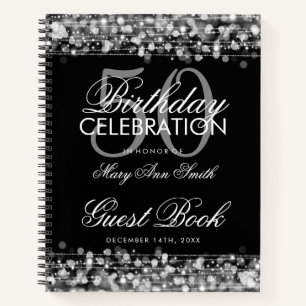 50th Birthday Guestbook Party Sparkles Silver Notebook