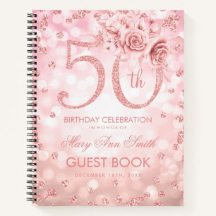 50th Birthday Guestbook Rose Gold Glam Lights Notebook