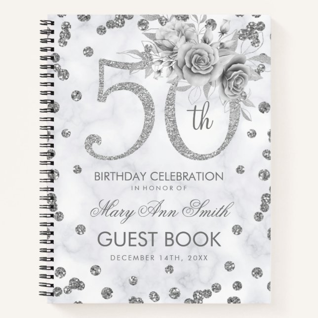50th Birthday Guestbook Silver Glam Marble  Notebook (Front)