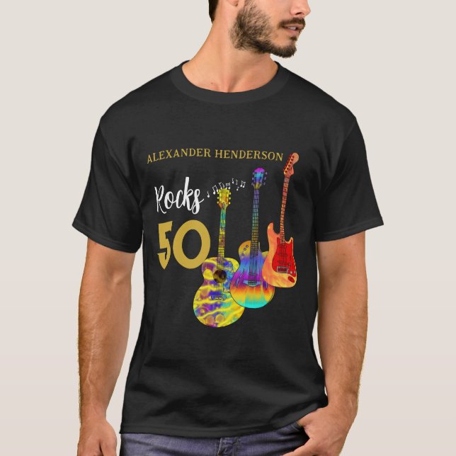 50th birthday Guitar Rocks 50 Personalized T-Shirt (Front)