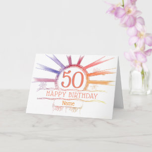 50th Birthday - hand drawn multi-colored sunburst Card
