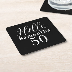 50th Birthday Hello 50 Black and White Party Square Paper Coaster