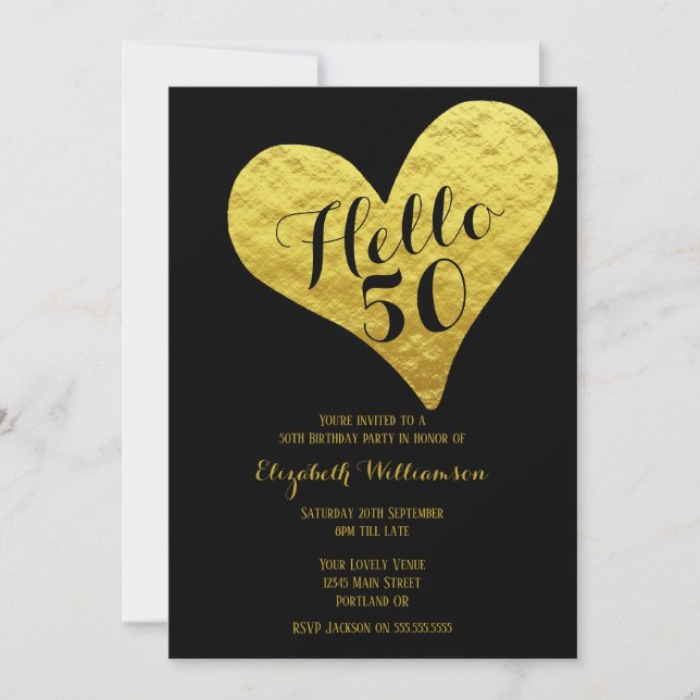 50th Birthday  Hello 50 Black | Faux Gold Heart Invitation (Front)