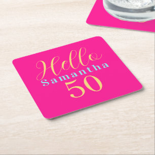50th Birthday Hello 50 Hot Pink Party Square Paper Coaster