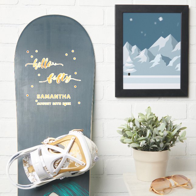 50th birthday hello fifty gold name sticker (Snowboard)