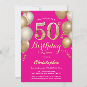 50th Birthday Hot Pink and Gold Balloons Confetti Invitation