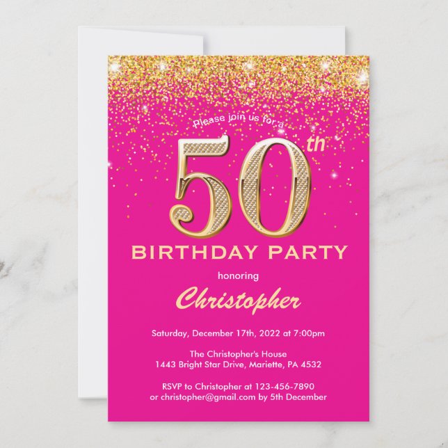 50th Birthday Hot Pink and Gold Glitter Confetti Invitation (Front)