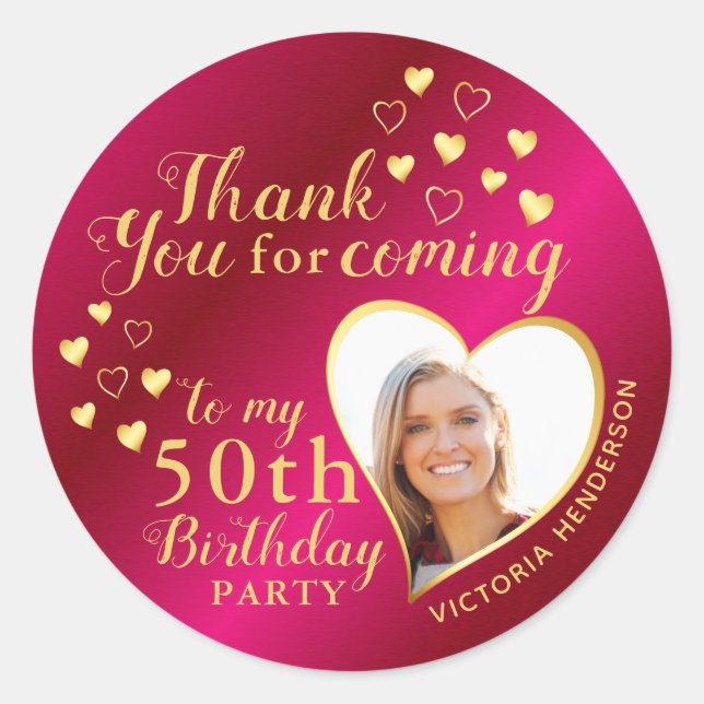 50th Birthday Hot Pink and Gold Thank You Favour Classic Round Sticker (Front)