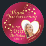 50th Birthday Hot Pink and Gold Thank You Favour Classic Round Sticker<br><div class="desc">If your 50th birthday party theme is in pink and gold, this design is cute for favours with a thank you message. Upload your photo using the template to have a heart-shaped picture. Try a few photos to choose which one fits the best. You can also change a milestone to...</div>