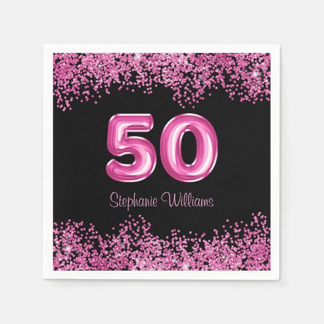 50th Birthday Hot Pink Balloons Gllitter Party  Napkin (Front)