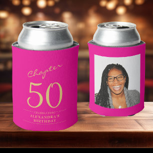 50th Birthday Hot Pink Gold Photo Template Can Cooler