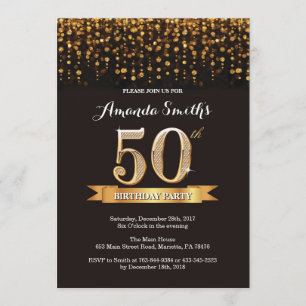 50th Birthday Invitation Black and Gold Glitter