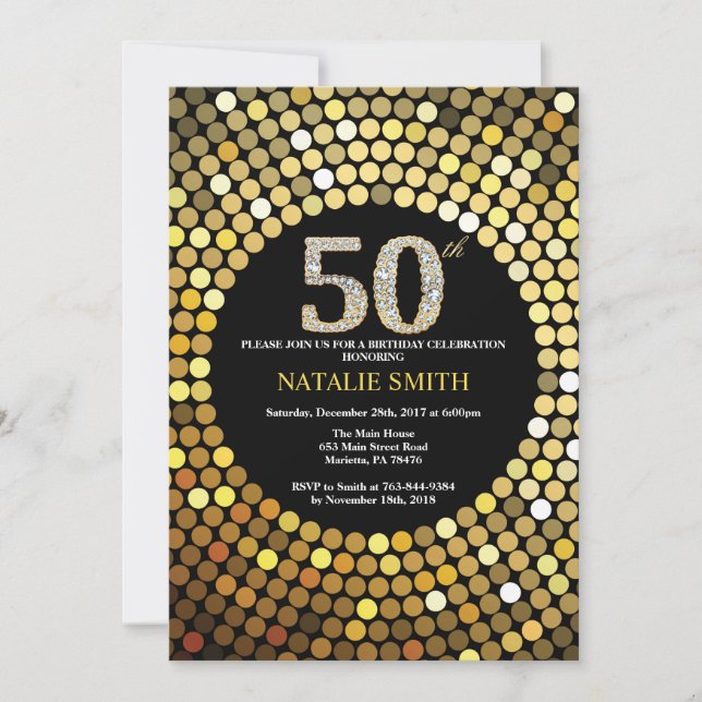 50th Birthday Invitation Black and Gold Glitter (Front)