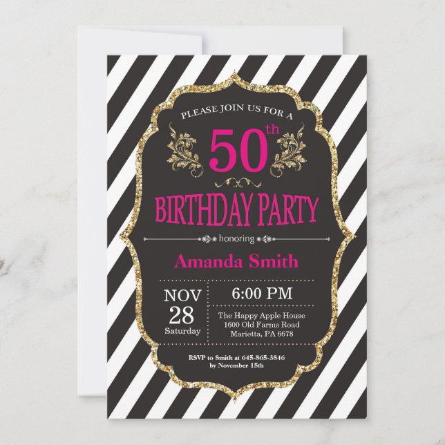 50th Birthday Invitation. Black and Gold Glitter Invitation (Front)