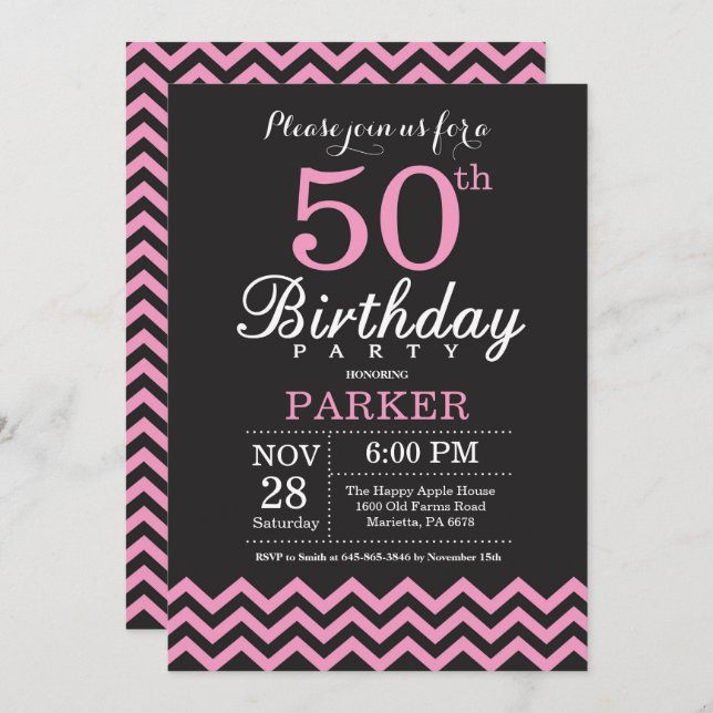 50th Birthday Invitation Black and Pink Chevron (Front/Back)