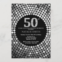 50th Birthday Invitation Black and Silver Glitter