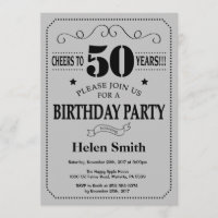 50th Birthday Invitation Black and Silver Grey