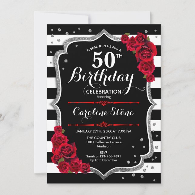 50th Birthday Invitation Black White Stripes Roses (Front)