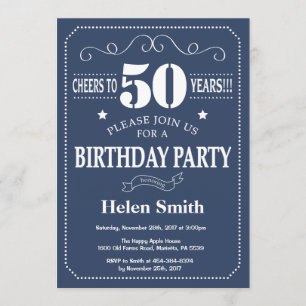 50th Birthday Invitation Blue and White
