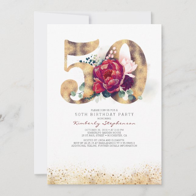 50th Birthday Invitation - Burgundy Red and Gold (Front)