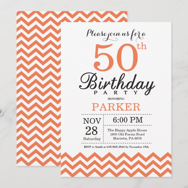 50th Birthday Invitation Coral Chevron (Front/Back)