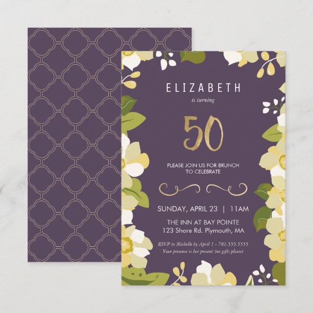50th Birthday Invitation Customize Floral Fiftieth (Front/Back)