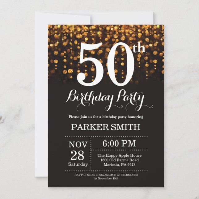 50th Birthday Invitation Gold Glitter (Front)