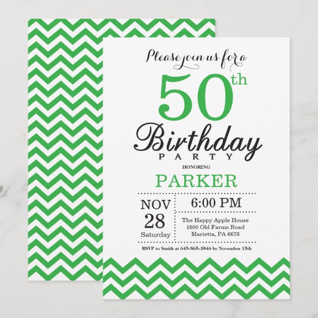 50th Birthday Invitation Green Chevron (Front/Back)