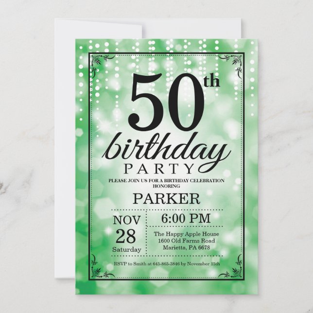 50th Birthday Invitation Green Glitter (Front)