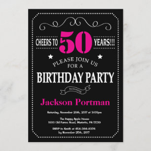 50th Birthday Invitation Hot Pink Black Chalkboard