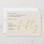 50th birthday invitation in gold balloon and handw<br><div class="desc">A fiftieth birthday invitation in gold,  handwritten,  and a black background. You can change the year of birth and the rest of the details and colours.</div>