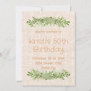 50th Birthday Invitation – Linen Greenery   Fifty