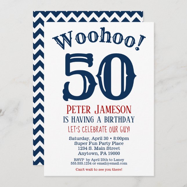 50th Birthday Invitation Mens Navy Blue (Front/Back)