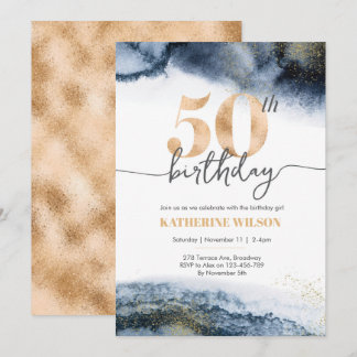 50th birthday invitation Navy watercolor and gold
