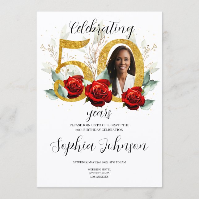 50th Birthday Invitation Photo Red Roses  (Front)